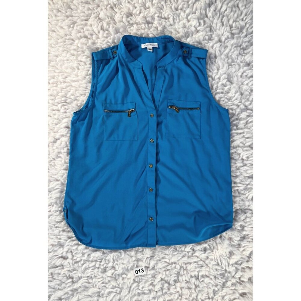 Calvin Klein Blouse Womens Lg Turquiose Blue Pockets Button Sleeveless Stretch - Picture 1 of 8